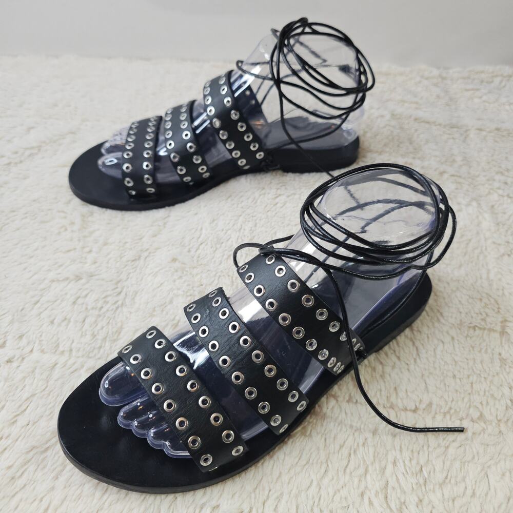 Sol Sana Black 37 Leather Studded accent Slides Sandles with‎  leather straps